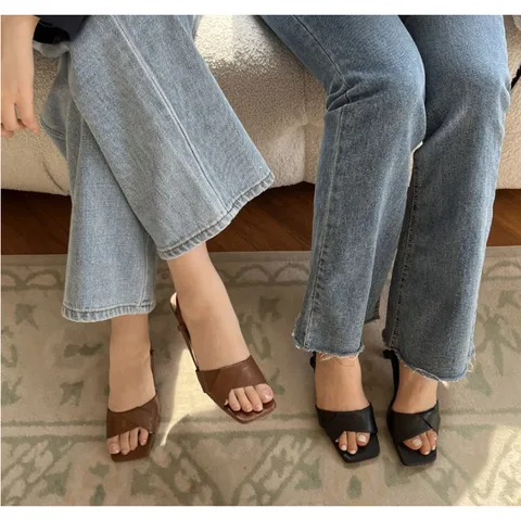 5cm 천연소가죽 블랙 브라운 꼬임 슬링백 여성 샌들, 245, 블랙