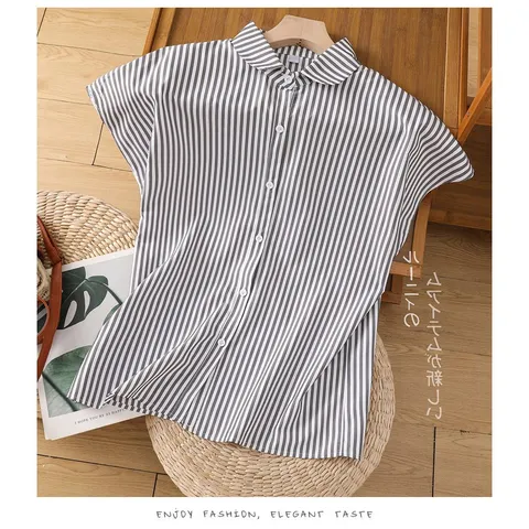 NEW 린넨셔츠/폴로린넨셔츠/스트라이프블라우스/여성브이넥블라우스 /블라우스/여성린넨셔츠여성린넨티셔츠/린넨/카라/단추/여자/고품질, 스트라이프패턴, M-55/90
