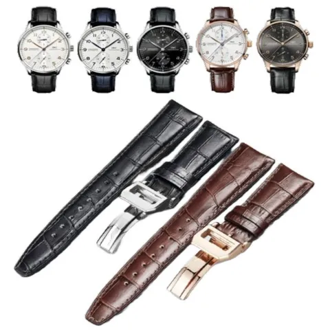 BACKSTAGE IWC 호환 시계줄 포르토피노 가죽스트랩 푸르투기저 송아지 가죽, 20mm, 블랙, 골드