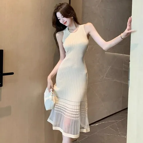 여름 여성원피스 니트 레이스 라인어디션원피스, 살구색, S