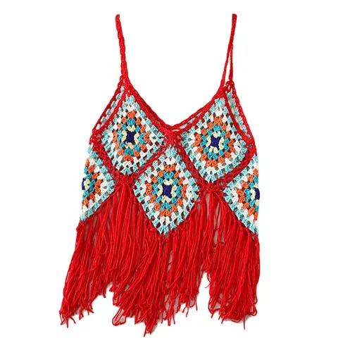 여자 여름 민소매 탑 크로 셰 뜨개질 손으로 만들어진 니트 조끼 탑., 빨간색