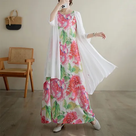 풍기인견 나시원피스 레이어드 화이트 여름 가디건 대 옷 프린트 롱 세트