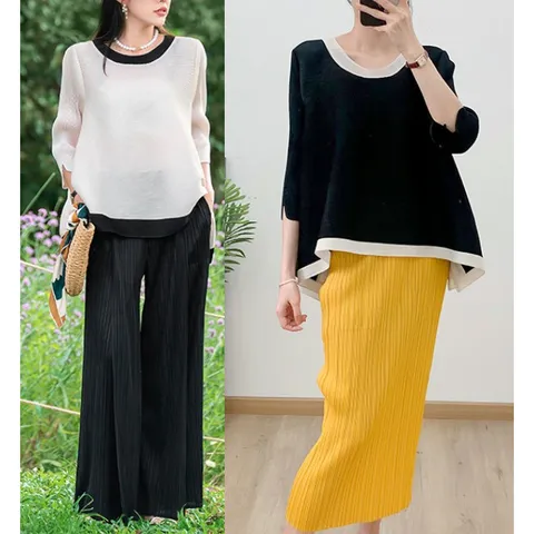 여름 플리츠 배색 티셔츠 이세이 주름옷 엄마옷 연예인 드라마 홈쇼핑, 블랙, L