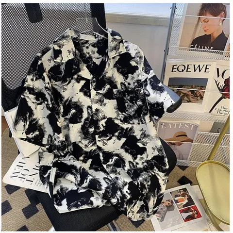 남성 반팔 셔츠 여름 꽃무늬 난방, L, 블랙