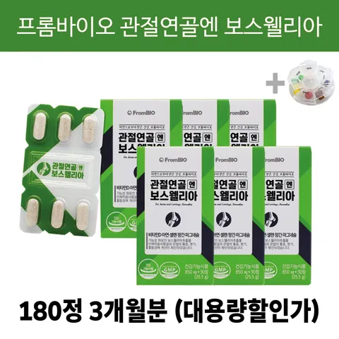 무릎 관절 영양제 약 이병헌 관절 연골 보스웰리아 관절염 효능 프롬바이오 챙기자건강 챙건 상표 알약통 세트 판매 구성, 30정, 6박스