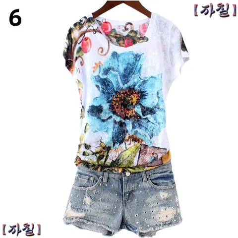 시크해 1789 수채화물감티 반팔티 여성반팔 여름 봄 여름반팔 반팔 티셔츠, 3XL(77-88), 6번