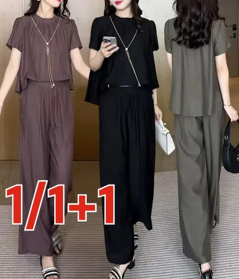 [한정세일 1/1+1] 여성 여름 캐주얼세트 텐셀 상하세트 반팔 블라우스 밴딩 와이드팬츠 투피스