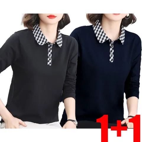ZIGODAG 1+1 엄마용 긴팔 카라 티셔츠 중년여성 코튼 긴팔티 ZXCYYCD42548, 블랙+블루, 2XL