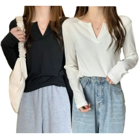 프리티쥬시 여성 브이넥 골지 긴팔티 긴팔 티셔츠 2종 세트, 블랙 + 화이트, L-XL