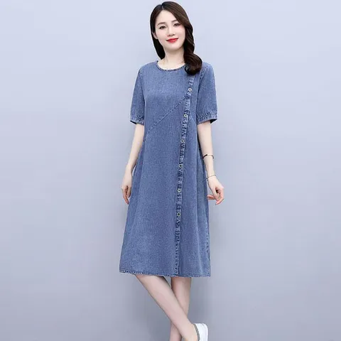 besteffie 데님원피스 중년여성 빅사이즈 라운드 반팔 여성롱원피스 데님 원피스 청 엄마옷 E58, 3XL