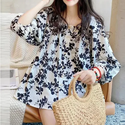 쇼룸 플로랄 7부소매 블라우스 벌룬소매, black