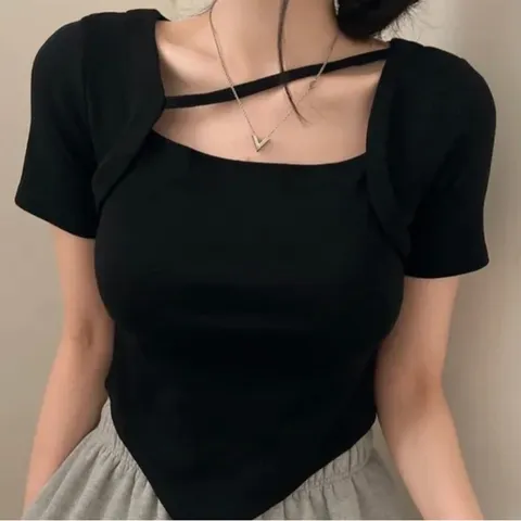 레티고 언발 크로스 스트랩 반팔 크롭 티셔츠, 블랙, FREE