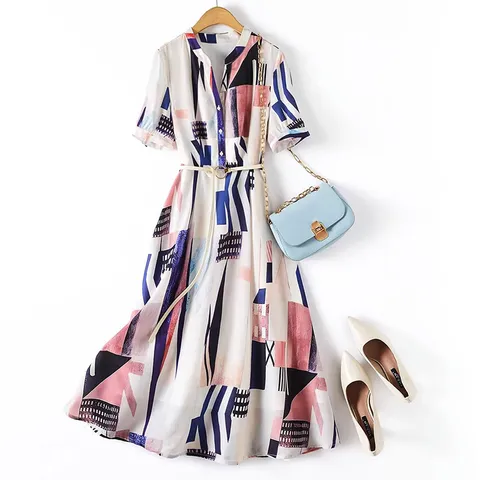 POMTOR 여성 데일리 브이넥 반팔 쿨링 원피스, XL