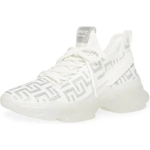 스티브매든 STEVE MADDEN 맥시마 스니커즈 여성 레이스업 라인스톤 청키 로우탑 니트 러너 1350808, White/Silv..., 9.5