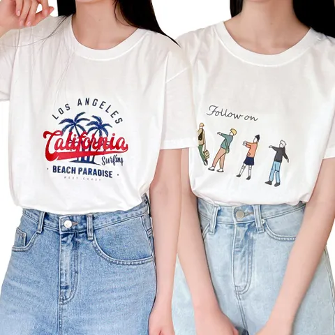 피그버니 여성 프린트 면 반팔티 반팔 티셔츠 2P세트, 화이트 2P, L/XL