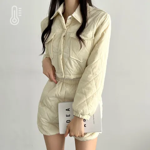 [SET할인/단품/귀여움!!]루즈핏 크롭 카라 미니 다이아 퀄팅 스트링 패딩 세트 set +하의 깔깔이 다이아 누빔 숏팬츠 세트 3color, 하의, 크림