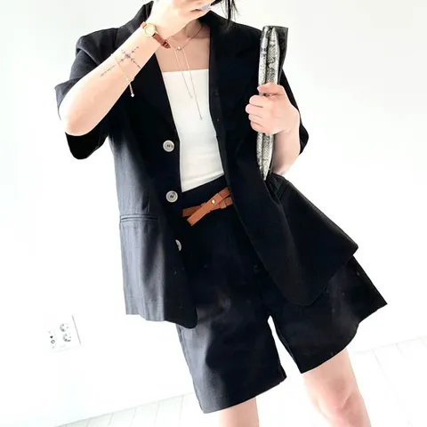 여성 린넨투피스 세트 오버핏 반팔 자켓 M L XL 반바지 수트 셋업 긱시크옷, M(44~55), 블랙