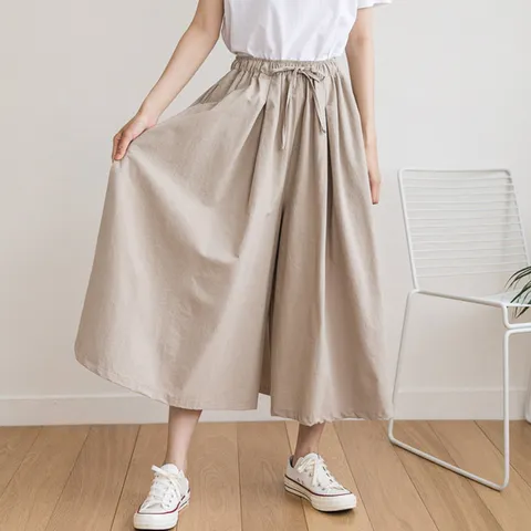 키스홀릭 핀턱 스트링 밴딩 와이드 코튼 치마바지, 스카이블루