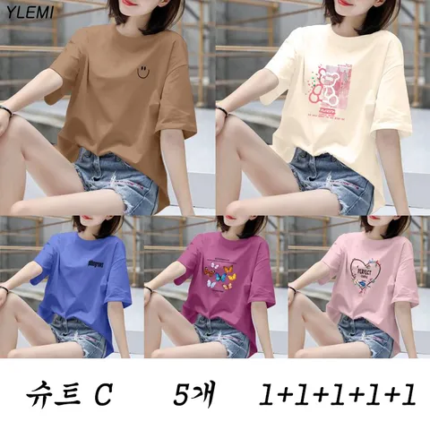 [1+1+1+1+1 5장] 여성 면 100% 여름용 루즈핏 반팔티셔츠 순면 빅사이즈 프린팅 캐주얼 반팔티셔츠 M~4XL (5종세트), M, 슈트A