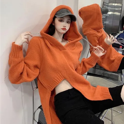 고비캐시미어니트 노르딕니트 언밸런스 후드 스웨터, 오렌지, M