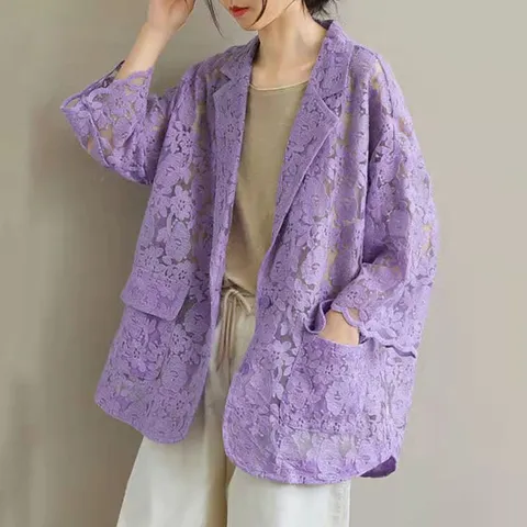 퀸앤조이 썸머 플라워 시스루 레이스 루즈핏 자켓, FREE, 퍼플