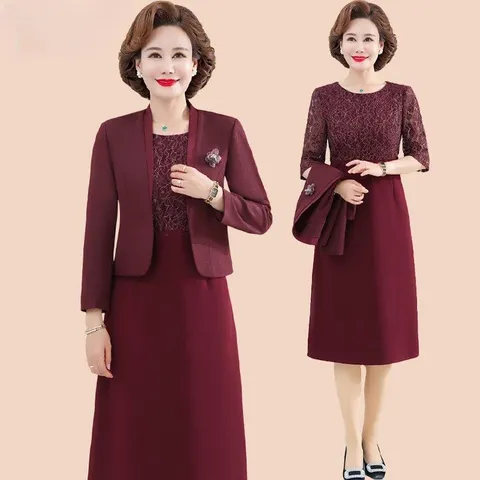 중년 여성 봄 가을 투피스 세트 결혼식 피로연 복장, A. 자홍색, 1. XL  40 ...