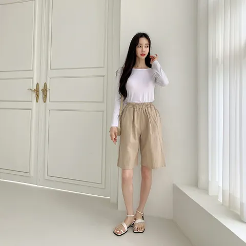 유세븐 여성용 린넨 밴딩 5부 통 반바지 DMWP 4026, FREE, 다크브라운