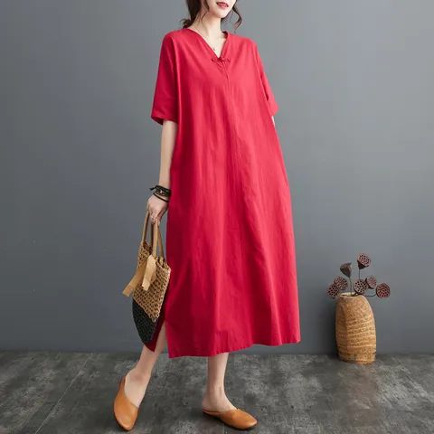 엄마 원피스 중년여성원피스 40대 77사이즈 여름 린넨, XL, 레드