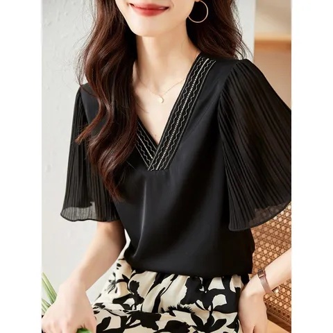 POMTOR 블라우스 여성블라우스 반팔티셔츠 여성반팔티, 블랙, 2XL