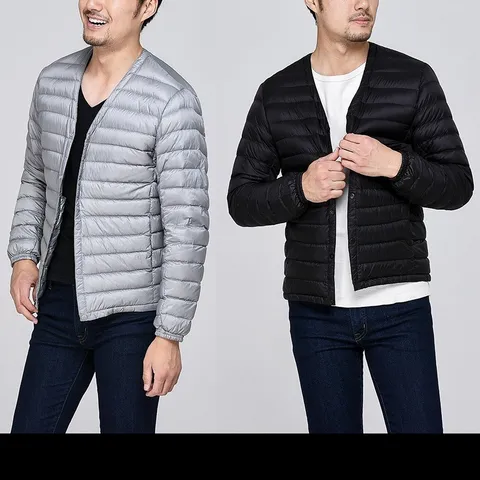 유니클로 대체 남자 오리털 경량패딩 점퍼 똑딱이 라인 브이넥 덕다운 패딩, 라이트그레이, XL
