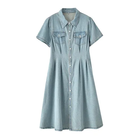 텐셀 데님 5XL 빅사이즈 A라인 원피스 허리조임 슬림 폴로넥 롱 원피스, 파란색, 3XL