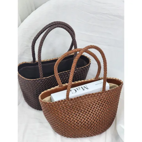 천연 라탄 소가죽 드래곤백 위빙 미듐 미니 트리플점프 플랫고라 라탄백 바스켓백 메쉬 토트백, 탄색