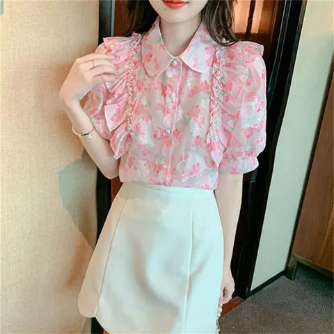 besteffie 쉬폰블라우스 여성용 반팔 쉬폰 블라우스 꽃무늬 여름 엄마옷 쉬폰 꽃무늬 블라우스 E15, 핑크, XL