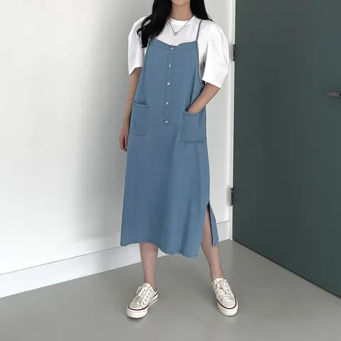 행복여 또륵 단추 포켓 끈 조절 썸머 데님 청 멜빵 뷔스티에 원피스, 연청, one size