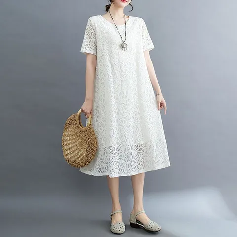 POMTOR 여성 펀칭 레이스 원피스 쉬폰 레이스 원피스, 화이트, M