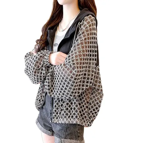 셀럽당 여성용 여름 시스루 자외선차단 긴소매 후드 집업 점퍼 여름 얇은 후드 재킷 Y02674-K, 블랙, XL