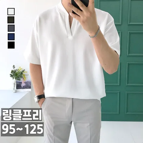 남자 헨리넥 반팔티 브이넥 여름 오버핏 티셔츠, 1번(95~105), 아이보리