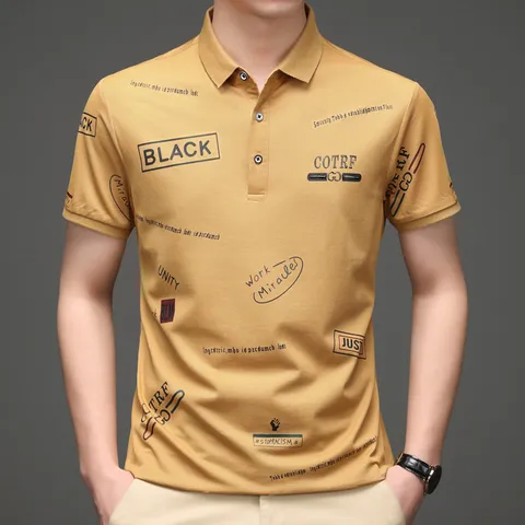 남성 티셔츠 반팔 현물 반팔 상의 여름 셔츠 면 t 자모 얇은 캐주얼 폴로 셔츠 붐, 황금색, L