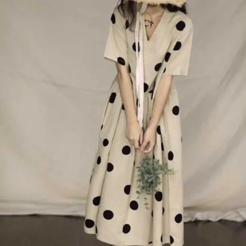 [엔젤D] 브이넥 빅도트 린넨 아사 원피스, 베이지