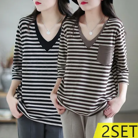 1+1 (2종세트) 여성 춘추 스트라이프 티셔츠 레이어드 긴팔티셔츠 루즈핏 7부소매 티셔츠 데일리룩, 블랙+커피, M