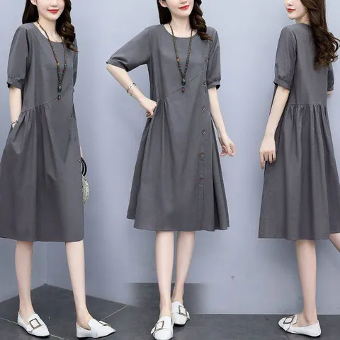 패스타임 여성 썸머 린넨 라운드 주머니 단추 루즈핏 심플 반팔 하프 원피스