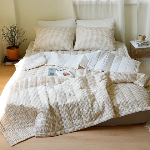 코지 체크 순면 60수 시어서커 이불 2종 SS Q 침대스프레드 시어서커 패드 시어서커 토퍼 여름이불세트 여름용이불 여름용침대패드 여름용토퍼 킹사이즈패드 그레이 베이지, 패드 K 단품, 베이지