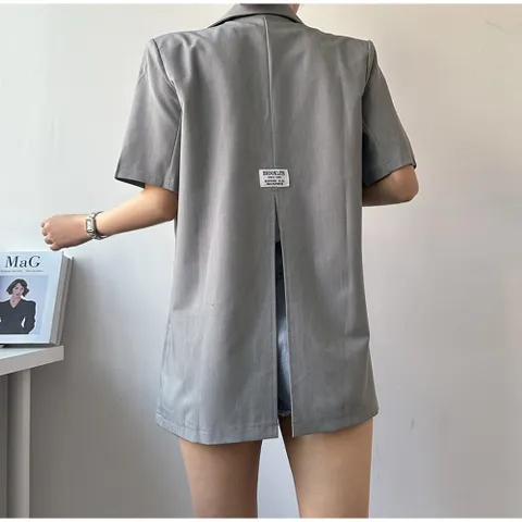 [엘샾] 여성 오버핏 미니패치 뒷트임 반팔자켓 어깨패드 캐주얼 아우터 자켓, 그레이, FREE