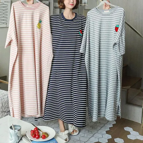 데이룸 여자 스트라이프 반팔 홈웨어 원피스 빅사이즈 임산부 잠옷, 블랙