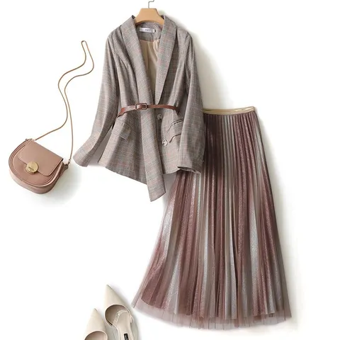 NENAI 수트 플리츠 스커트 투피스 세트