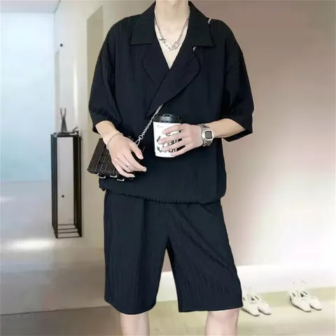 오픈카라 반팔셔츠 반바지세트 상하의세트, 블랙, Free