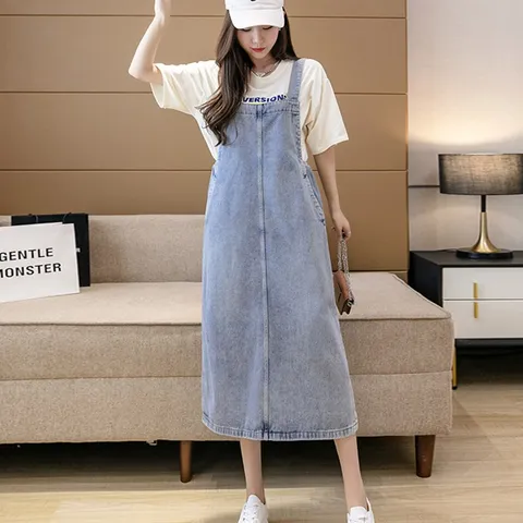 POMTOR 여성 원피스 캐주얼 데님 원피스 루즈핏 슬릿 포켓 롱 멜빵치마 멜빵원피스 청원피스, 연블루, 2XL
