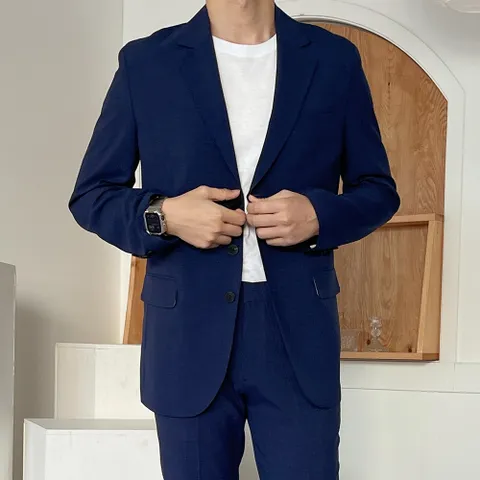 언탭트 남성용 여름 린넨 쓰리버튼 수트 + 팬츠 세트, 자켓(M), 바지(..., 블루