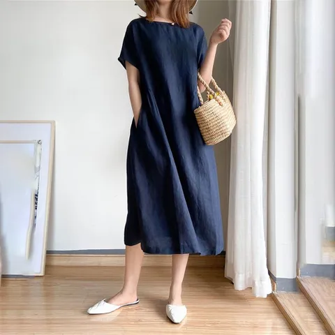 besteffie 린넨 원피스 중년여성 라운드넥 면마 린넨 A라인 롱 원피스 박스 원피스 E88, 네이비, 4XL