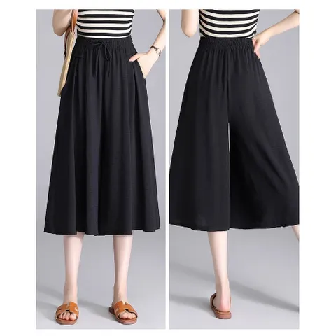 냉장고 쿨 칠부 7부 와이드 팬츠 여성 여름 캐주얼 데일리 배기 아이스 냉감 반바지 치마바지 반팬츠, 2XL, 블랙
